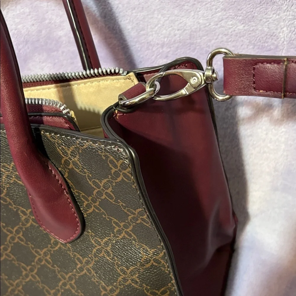 Nine West Burgundy & Brown Monogram Satchel – Faux Leather Crossbody Bag